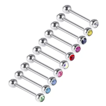 10 adet / grup Yüksek Cilalı Cerrahi Paslanmaz Çelik Dil Yüzükler Bar 14G Vida Halter Piercing göbek takısı 10 Renkler Mix SD086