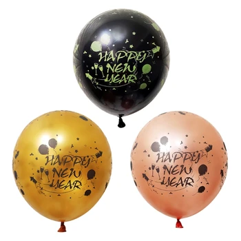 100 Adet 12 İnç Parlak Metalik Mutlu Yeni Yıl Baskılı Kalınlaşmış Lateks Yuvarlak Balonlar Eve Parti Festivali Dekorasyon