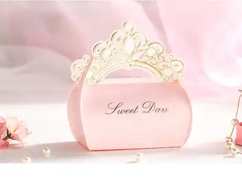 100 adet Yeni Yaratıcı Pembe Düğün Şeker Kutusu Avrupa Taç Prenses Taşıma Çantası Düğün Ambalaj Hediye Kutuları