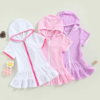 2-11Y Çocuk Kız Mayo Kapak Ups Bebek yaz elbisesi Kısa Kollu Zip Up Fırfır Plaj Elbise Çocuk Giyim