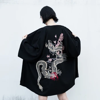 2019 Yeni Varış Japon Geleneksel Kimono Siyah Haori Kadın Ejderha Kimono Karate Japon Yukata Kimono Cosplay FF2098