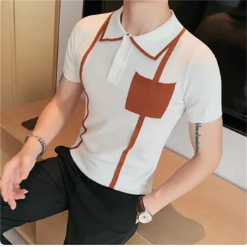 2023 Marka Giyim Moda Erkekler Yaz Örgü Yüksek Kaliteli Şerit polo gömlekler / Erkek Slim Fit Eğlence polo gömlekler Üstleri S-4XL