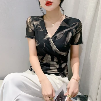 2023 Yaz Moda Örgü Baskı kısa kollu tişört V Yaka Slim Fit Üstleri kadın Giyim Vintage Ropa Mujer Tees Kore Топ