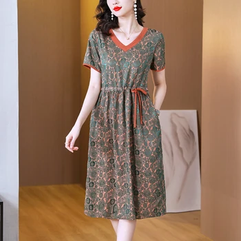 2023 Yeni Moda Parçalanmış Çiçek Elbise kadın Yaz Çok Yönlü İpek Baskılı Elbise Kore Gevşek Fit Parti Vestidos