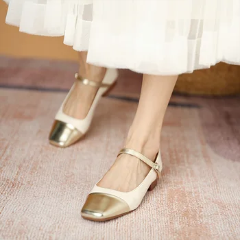 2023 yeni tasarımcı mary janes ayakkabı kadın altın deri patchwork bale daireler kare ayak bileği kayışı loafer'lar kadın moccasins
