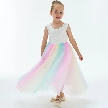 2023 Çiçek Kız Elbise Kız Dantel Elbise Gökkuşağı Renk Elbise çocuk Degrade renkli iplik Ayak Bileği Uzunluğu Frocks Çocuk Giyim
