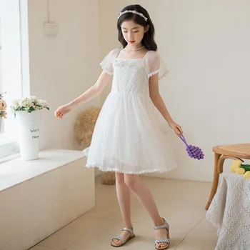 2024 Kore Yaz Genç Kız Tek parça Elbise Genç Kız Gazlı Bez Prenses Elbise Okul Kız Oymak Balo Kabarık Elbise