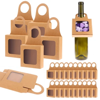 25 Adet Kraft Kağıt şarap şişesi pencereli kutu Kraft Kağıt Hediye Kutusu Dekoratif Şarap Kutuları Asılı Hediye Kutuları Şarap Aksesuar Setleri
