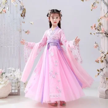 3 - 12T Japon ve Koreli çocuk Hanfu elbise çocuk elbise ilkbahar ve sonbahar kız prenses elbise Tang elbise gazlı bez etek