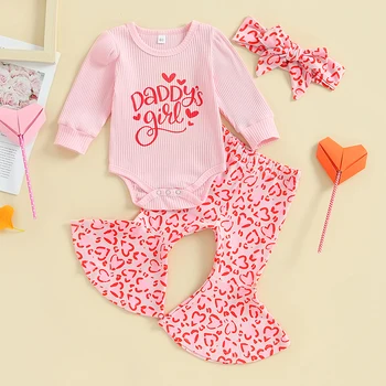 3 ADET Sevimli Bebek Kız Giysileri Set Toddler Kıyafetler Bahar Kalp Mektubu Baskı Uzun Kollu Tulum Flare Pantolon Kafa Bandı Takım Seti
