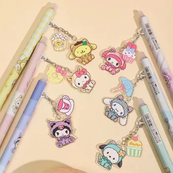 36 adet Sanrio Melodi Hello Kitty Kuromi Jel Kalemler Silinebilir Kolye jel mürekkep kalemi Karikatür Anahtarlık İmza Kalem Kırtasiye Toptan