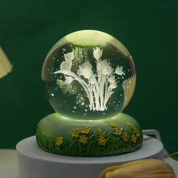 3D Kristal Top Gül Karanfil Çiçek Kristal Top Gece Lambası Parlayan Tabanı ile cam küre Süsler anneler Günü doğum günü hediyesi