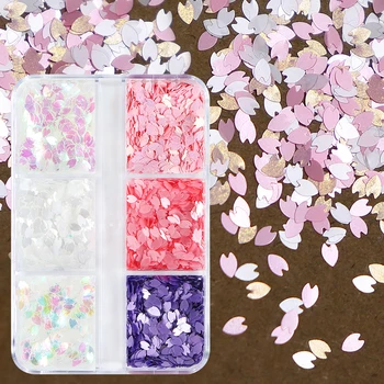 6 İzgaralar Kar Beyaz Kiraz Çiçekleri Tırnak Glitter Sequins Süslemeleri Pembe Sakura Gevreği Parçaları Kawaii Tırnak Malzemeleri Aksesuarları