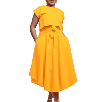Artı Boyutu Zarif Kadın Elbise Yaz Yeni Büyük Etek Elbise + Üstleri İki Parçalı Moda Rahat Kemer Kat Ofis Bayan Giyim
