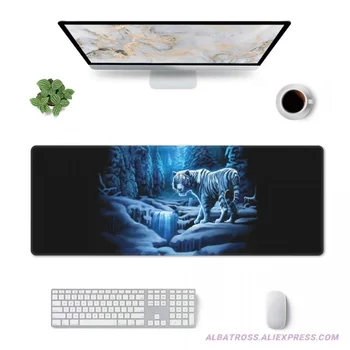 Beyaz Kaplan Karlı Dağ Orman Mehtap Gece Oyun Mouse kauçuk ped Dikişli Kenarları Mousepad 31.5 