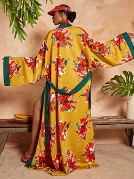 Bohemian Baskı Kimono Elbise 2023 İlkbahar / Sonbahar Batwing Kollu İNS Trençkot Tunik Casual Kadın Plaj Kıyafeti uzun elbise A2019