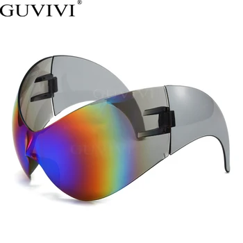 Büyük boy Y2k Punk Spor Güneş Gözlüğü Kadın Erkek 2023 Lüks Marka Steampunk Tek parça güneş gözlüğü Rüzgar Geçirmez Gözlüğü UV400 Tonları