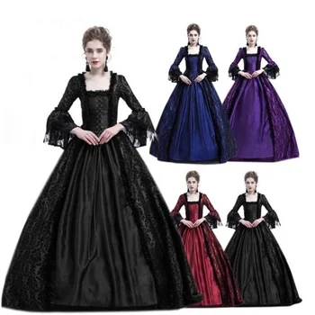 Cadılar bayramı Kadınlar Victoria Ortaçağ Kraliçe Cosplay Kostüm Masquerade Vitch Vampir Siyah Gotik Dantel Dikiş Uzun Mahkemesi Elbise