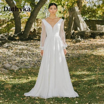 Dathyka Bohe Pastrol düğün elbisesi Gelinler için V Yaka Uzun Fener Kollu Tül Bir Çizgi Backless Mahkemesi Tren Robe De Mariee