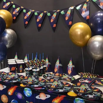 Dış Uzay Astronot Parti Malzemeleri Tek Kullanımlık Sofra kağıt bardaklar Tabaklar Peçete Şeker Kek Kutusu Mutlu Doğum Günü Afiş Butik