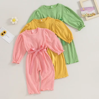 FOCUSNORM 0-18M Sonbahar Bebek Kız Tulumlar Pantolon Düz Renk Dokulu Uzun Kollu Elastik Kemer Romper Playsuits
