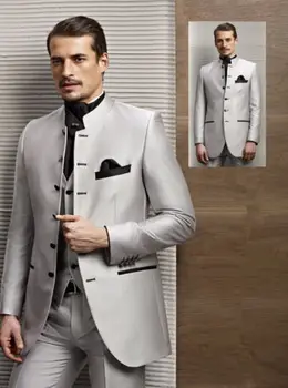 Gümüş Standı Yaka 4 Adet (Ceket+Pantolon+Yelek+Atkısı)moda Erkek Takım Elbise Resmi Kostüm Homme Terno Masculino Yün Karışımı İnce