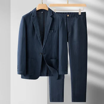 Ilkbahar Yaz Keten Ceket Setleri Erkek Giysileri Rahat Blazer Pantolon Erkekler Harajuku Gevşek 2 Parça Streetwear Moda İnce