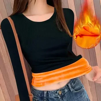 Kadife Kadın İç Çamaşırı Kalın Gömlek T-shirt O-Boyun Fiber Uzun kollu Süper Yumuşak termal ısıtma Kazak Tops