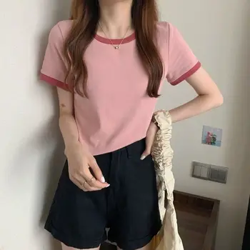 Kadın Kısa Kollu 2023 Yeni Yaz Yuvarlak Boyun Çok Renkli tişört Altlık Kore Tarzı Slim Fit Kısa Öğrenci Üst