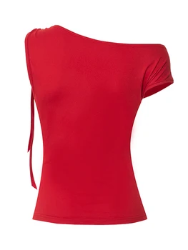 Kadın kısa kollu t-shirt Asimetrik Kravat-up Katı Slim Fit Yaz Üstleri Clubwear