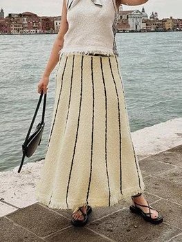 Kadın Örgü Uzun Etek Grunge Çizgili Elastik Bel Örgü Etek Vintage Gevşek Fit Püskül Y2K kalem etek Elbise Streetwear