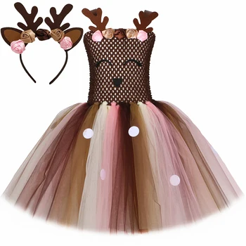 Karikatür Geyik Kostüm Kızlar için Noel Tutu Elbise Elbise Çiçekler Boynuz Elk Ren Geyiği Kostüm Çocuklar Cadılar Bayramı Noel Partisi Kıyafeti