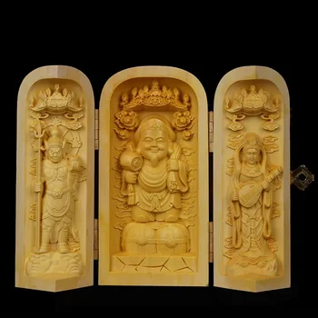 Katı ahşap Budist Büyük Siyah Tanrı heykeli Ahşap 3D kabartma üç açık kutu Modern sanat oyma Ev dekorasyon figürler