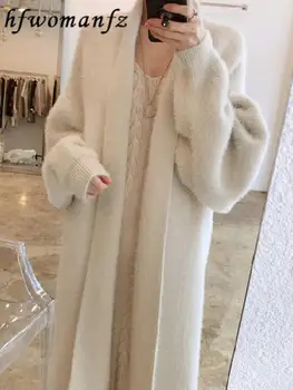 Kore Katı Uzun Kadın Kaşmir Hırka Ceket Tatlı Kabarık Uzun Kollu Kazak Kış Sıcak Gevşek Kadın Midi Örme Giyim