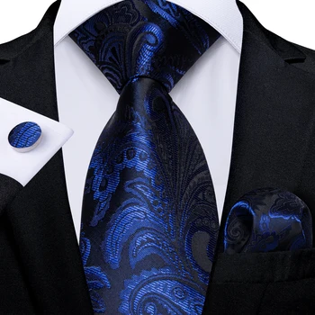 Kraliyet Mavi Paisley ipek kravatlar Erkekler için Mendil Kol Düğmeleri Düğün Parti Aksesuarları 150cm Uzunluk Boyun Kravat Seti Toptan