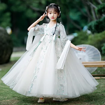 Küçük Kızların Çin Tarzı Geleneksel Beyaz Nakış Elbiseler Çocuklar Peri Antik Kostüm Çocuk Cosplay Halk Dansları Hanfu