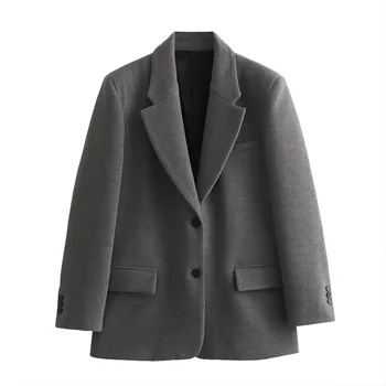 Kış Blazer 2023 Yeni Rahat Tek Göğüslü Cep Uzun Kollu Klasik Retro Düz Gri Takım Elbise Ceket Şık Üst