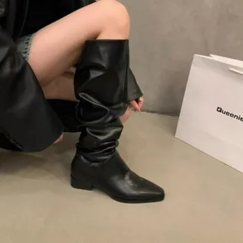 Kış Yeni Marka Kadın Uzun Çizmeler Moda Pilili Diz Üzerinde Kayma Yüksek Çizmeler Ayakkabı Kare Düşük Topuk Şövalye Çizmeler siyah ayakkabı