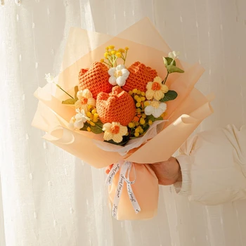 Lale Örme Çiçek Tığ Çiçekler Süt Pamuk düğün buketi Parti Ev Dekorasyonu Hediye Anne Kız Arkadaşı için Fleur Tığ
