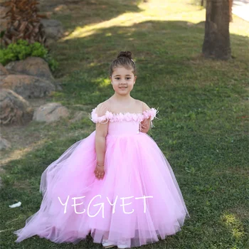 Leylak Çiçek Kız Elbise 3D Tül Çiçekler İlk Doğum Günü Elbise Toddler Büyük Yay İle Çocuklar Prenses Pageant Parti Elbise Özelleştirilmiş