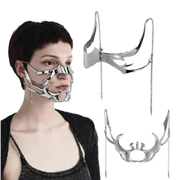 Lüks CyberPunk Maskesi Sıvı Düzensiz Gümüş Renk İçi Boş Titanyum Çelik Yüz Aksesuarları Küpe Kadın Erkek Parti Takı