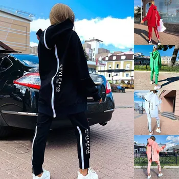 Moda Geri Fermuar Uzun Eşofman Kadın İki Parçalı Set Gevşek Uzun Hoodies pantolon seti Sonbahar Spor Kazak Joggers Kıyafetler