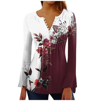 Moda günlük t-Shirt üst Kadın Üst Çiçek Baskılı V Yaka Uzun Kollu Alevlendi Kollu Preslenmiş Düğme T-Shirt Camisetas