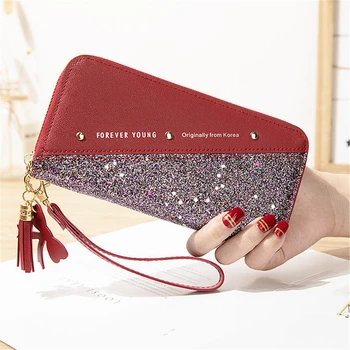 Moda Kadın Pullu Patchwork Glitter Cüzdan Kadın Pu Deri Uzun bozuk para çantaları Bayanlar Çok Fonksiyonlu Bileklik Debriyaj Telefonu Çantası
