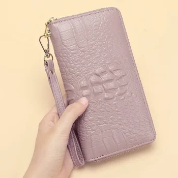 Moda stil oyma desen timsah cüzdan hakiki deri uzun cüzdan inek deri para çantası erkek kadın cep telefonu büyük çanta