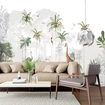 Modern ve basit tropikal yağmur ormanları bitkiler ve hayvanlar yağlıboya kumaş Oturma odası yatak odası Özel kendinden yapışkanlı duvar kağıdı