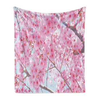 Sakura Şube Baskı Flanel Yumuşak Atmak Battaniye Yetişkinler için, Koi Sazan Balık, Kiraz Çiçeği, Çiftler için Hediyeler, Yüzme