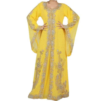 Sarı Afrika Uzun Gömlek Farasha Fas İslam Dubai Düğün Resmi Elbise Avrupa ve Amerikan Moda Trendleri