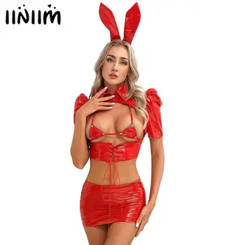 Seksi Bayan Lolita Rugan Tavşan kadın kostümü Kıyafet Üst Üçgen Sutyen Fırfır Mini Etek Tavşan Kulak Bandı Cosplay Hayvan