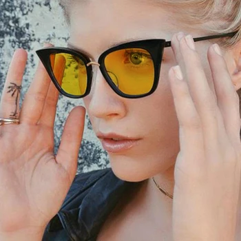 Seksi Kedi Göz Retro Güneş Kadınlar Yeni Marka Moda Shades Kadın Cateye Siyah Sarı güneş gözlüğü Benzersiz Gözlük Oculos